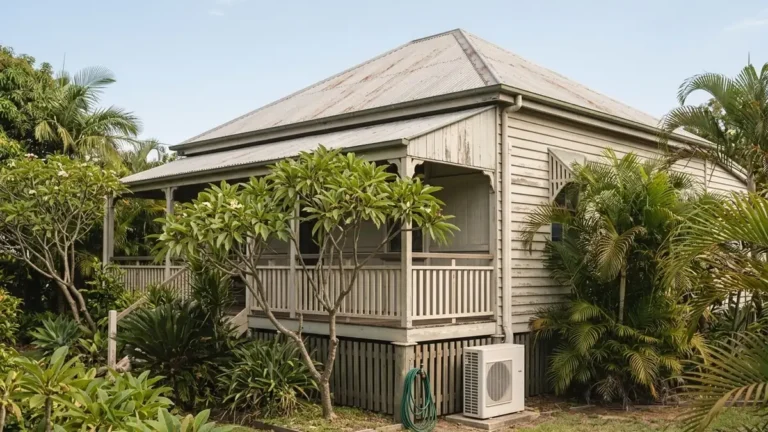 Queenslander house on stumps with an air conditioning outdoor unit