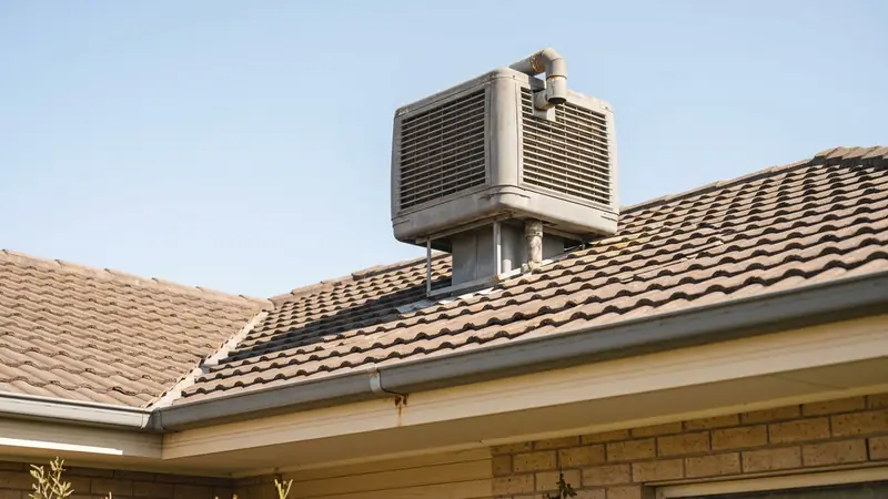 Evaporative cooler on the roof of a suburban house