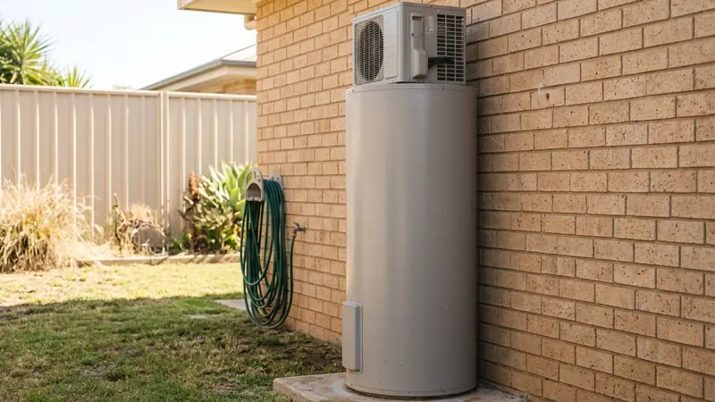 Heat pump hot water system beside a brick house