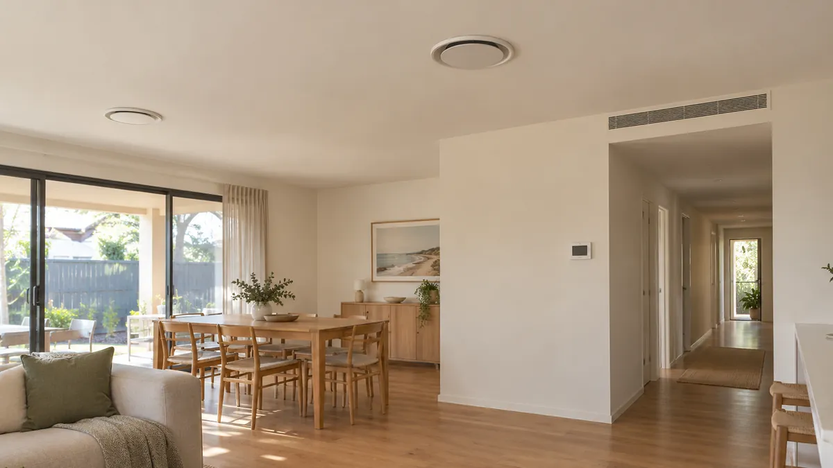 Round ducted air conditioning outlets in the ceiling of an open-plan living area