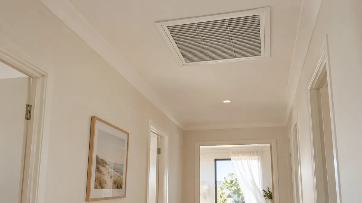 Evaporative cooling ceiling outlet in a hallway with a window open for airflow