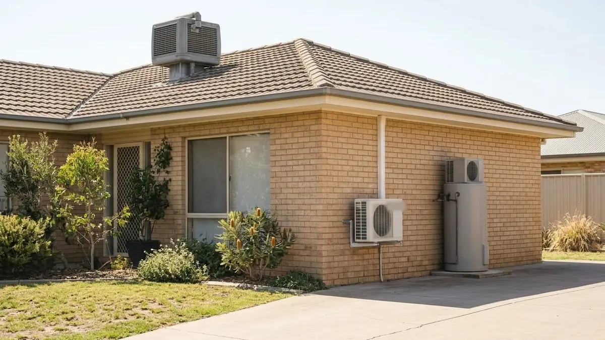 Brick house with an evaporative cooler on the roof, a split system outdoor unit and a heat pump hot water tank