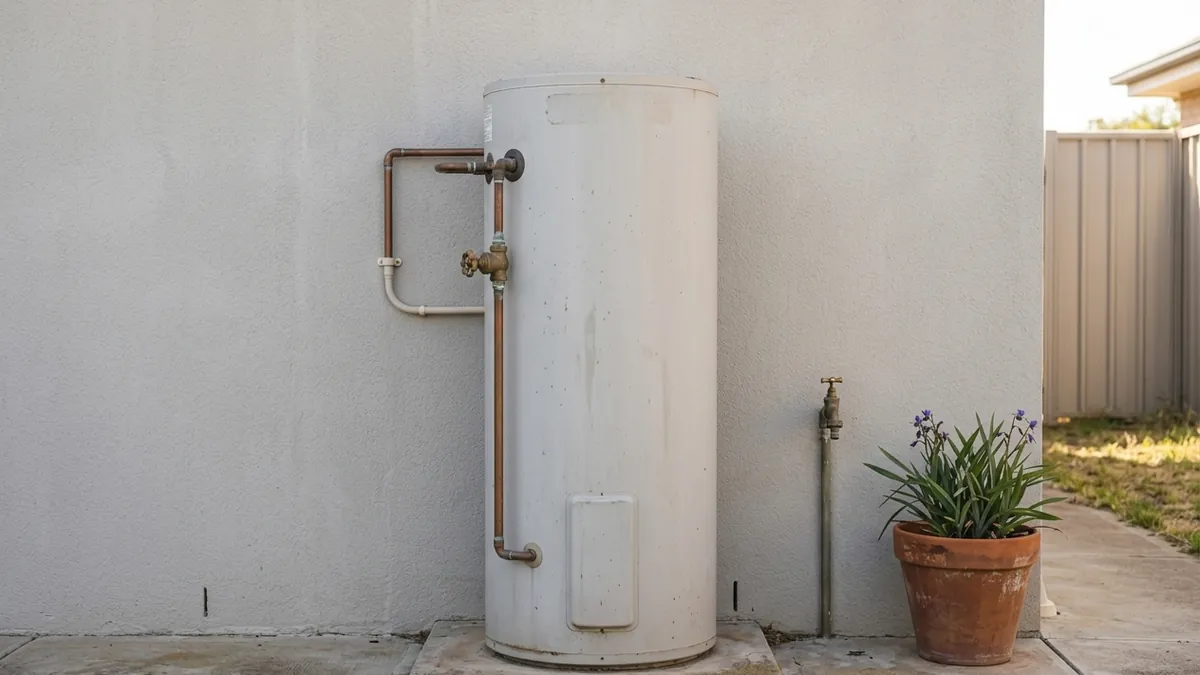 Older electric hot water storage tank outside an Australian house