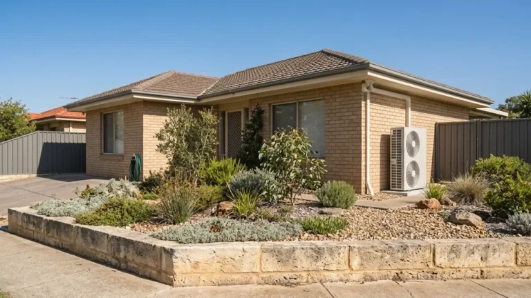 Ducted air conditioning outdoor unit beside a brick house in Perth