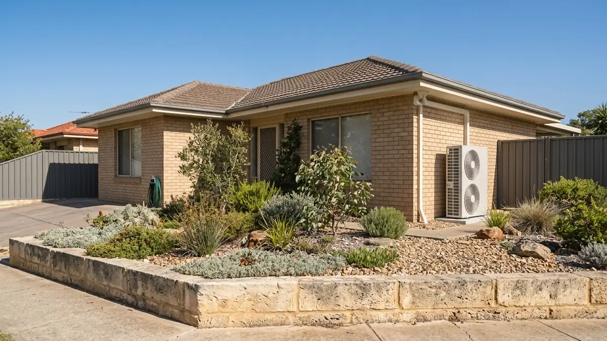 Ducted air conditioning outdoor unit beside a brick house in Perth