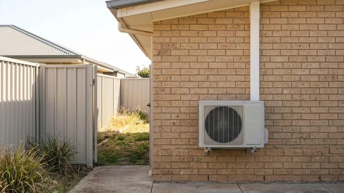 Split system outdoor unit on a wall bracket beside a brick house